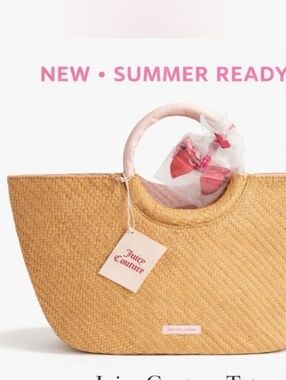 Juicy Couture Straw Tote Pink Bow Handle Summer Beach Bag NWT
